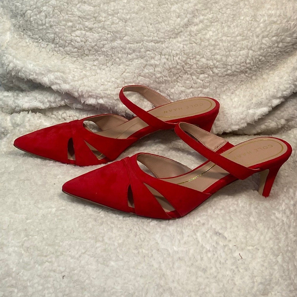 Cole Haan Red Vandam Dress‎ Mules Pointed Toe Pumps Sz 8B Heeled Sandals - Picture 6 of 9